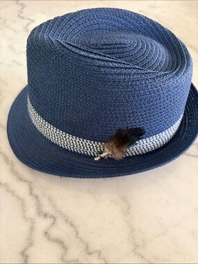 Straw Navy Blue & White Fedora Hat